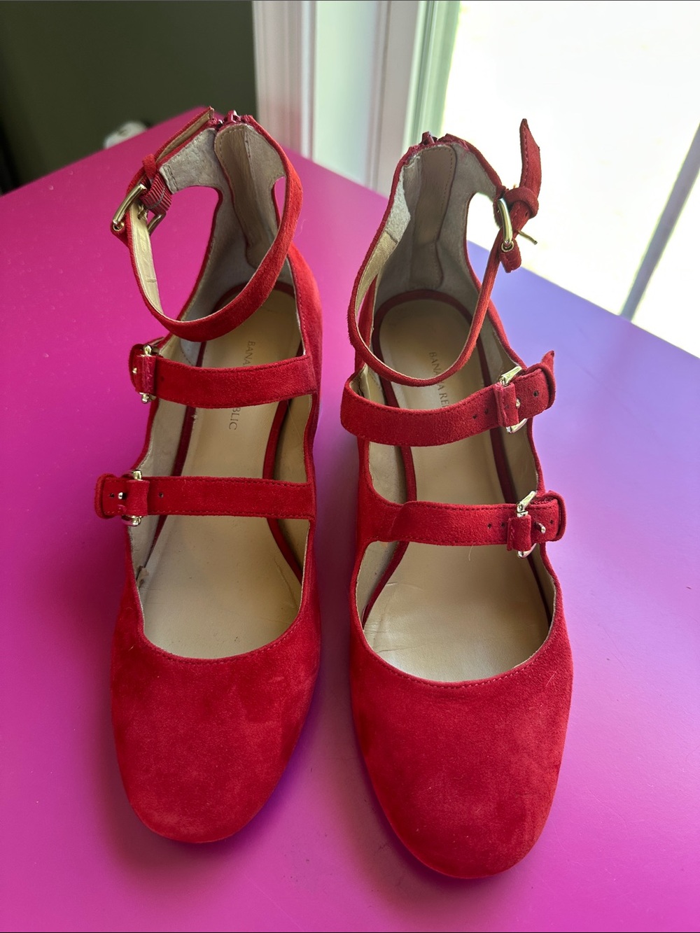 Banana Republic Red Suede Triple-Strap Heels
